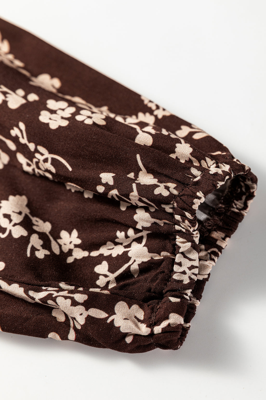 Brown Ditsy Floral Mini Dress Split Neck Long Sleeve Shirred Waist Flared Women S-XL