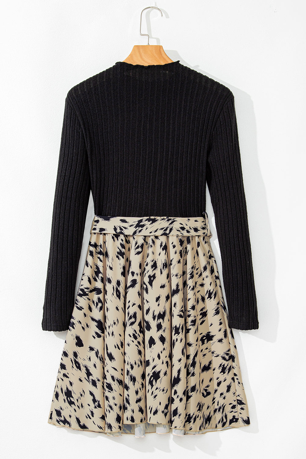 Women's Black Ribbed Knit Patchwork Printed Belted A-line Dress at LivelyLooks