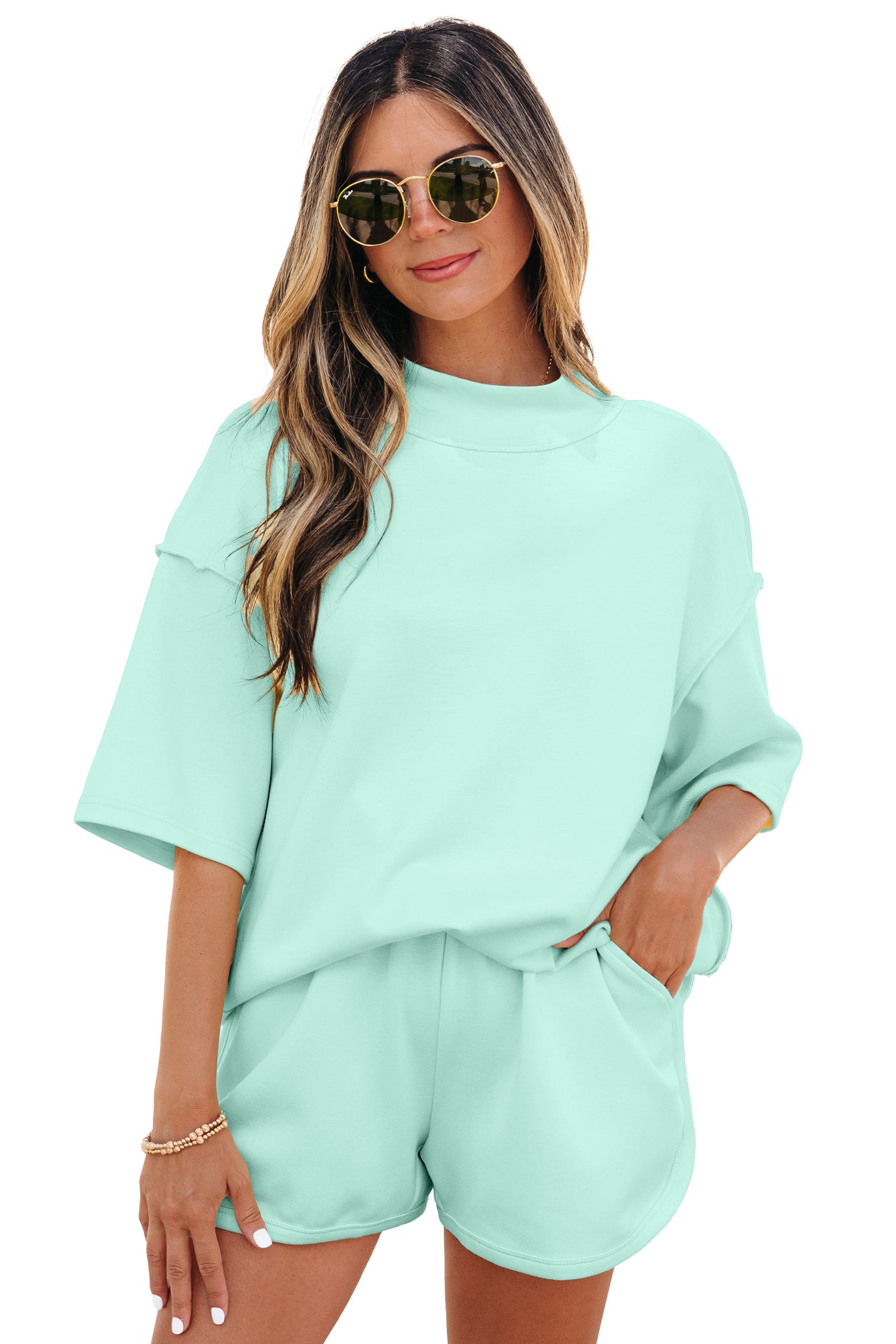 Exposed Seam Mock Neck Oversized Tee & Shorts Set – Mist Blue