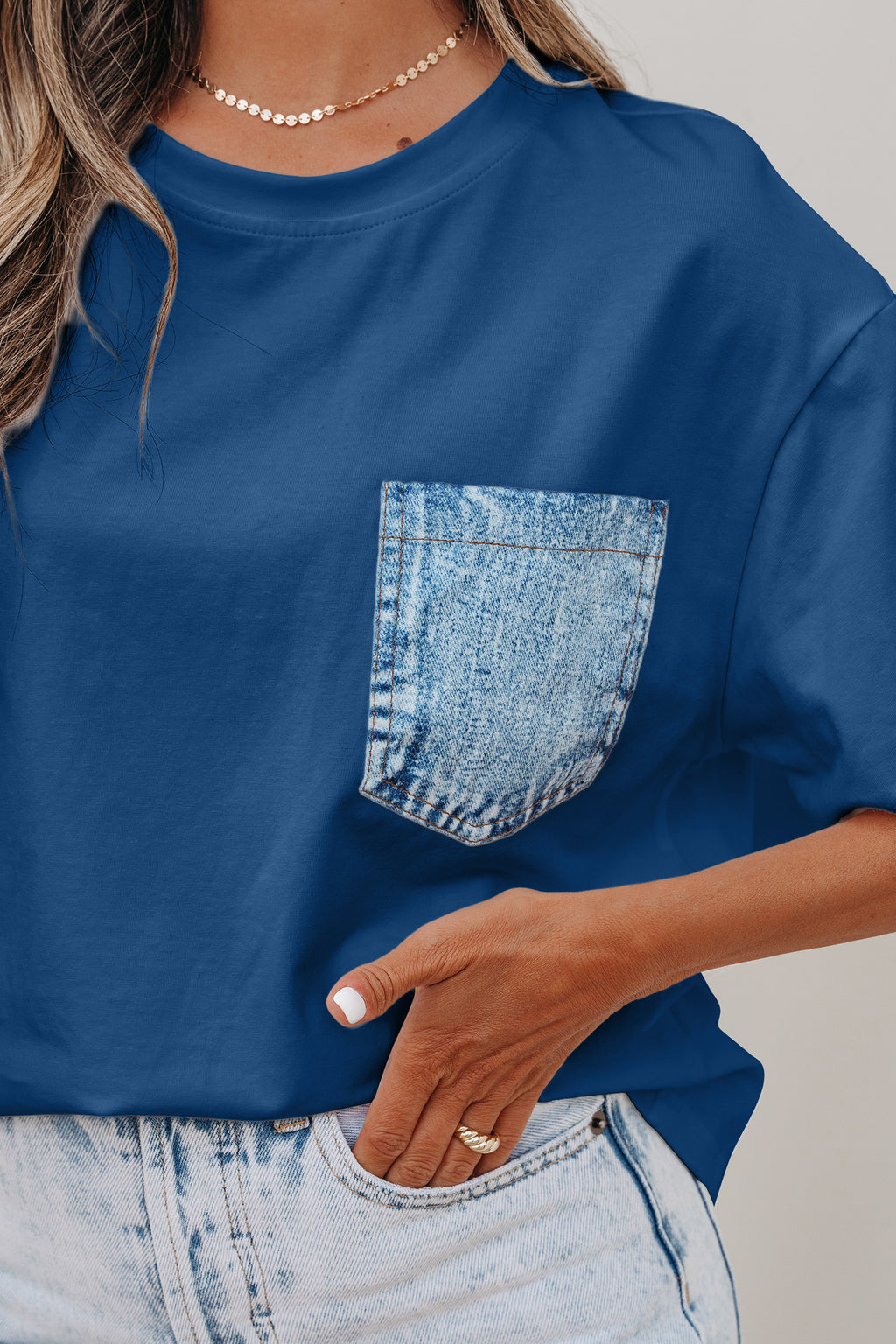 Shop Sail Blue Colour Block Chest Pocket Casual Short Sleeve Top at LivelyLooks