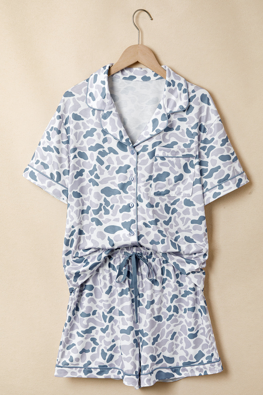 Camo & Polka Dot Lapel Shirt Drawstring Shorts Pyjama Set