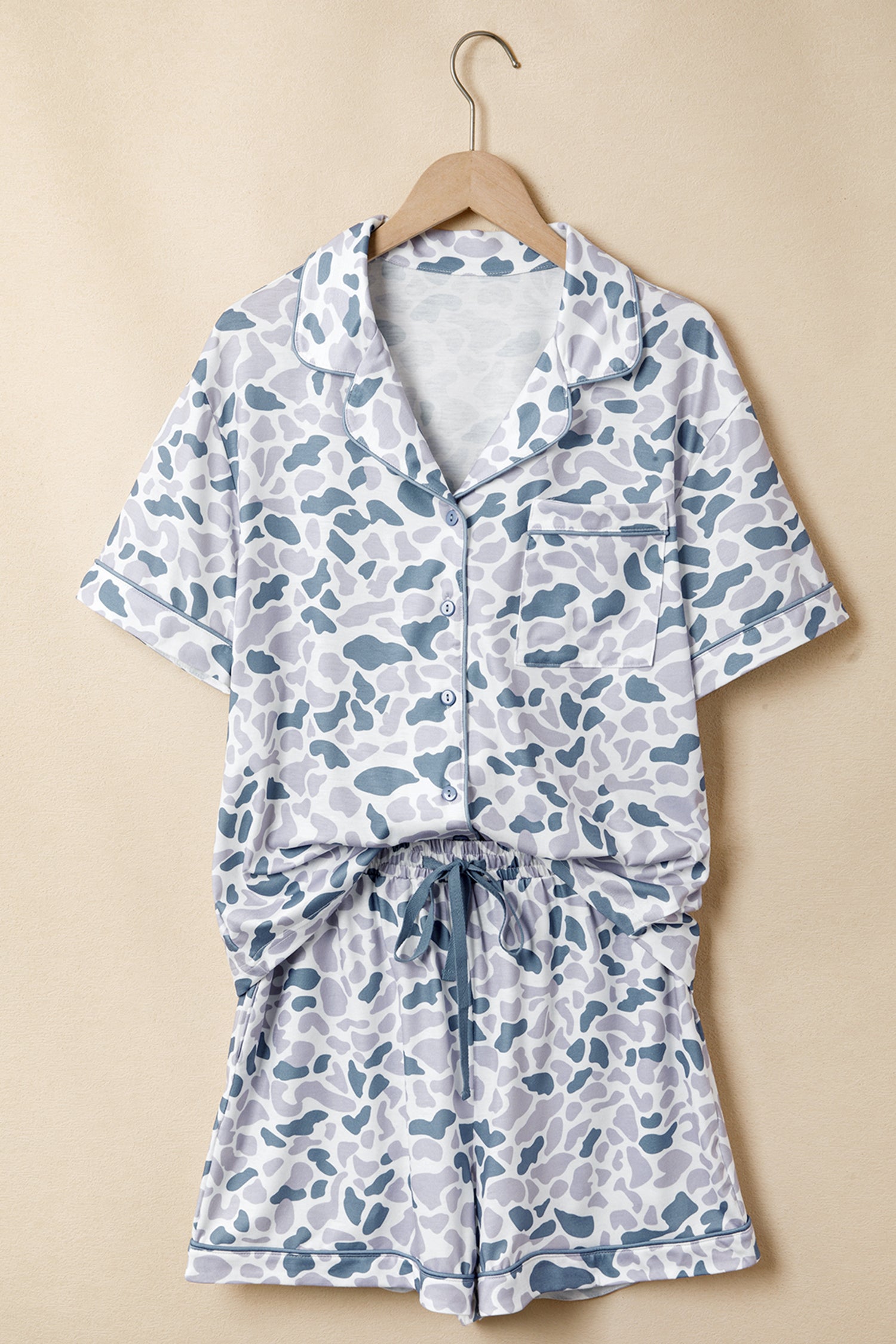 Camo & Polka Dot Lapel Shirt Drawstring Shorts Pyjama Set