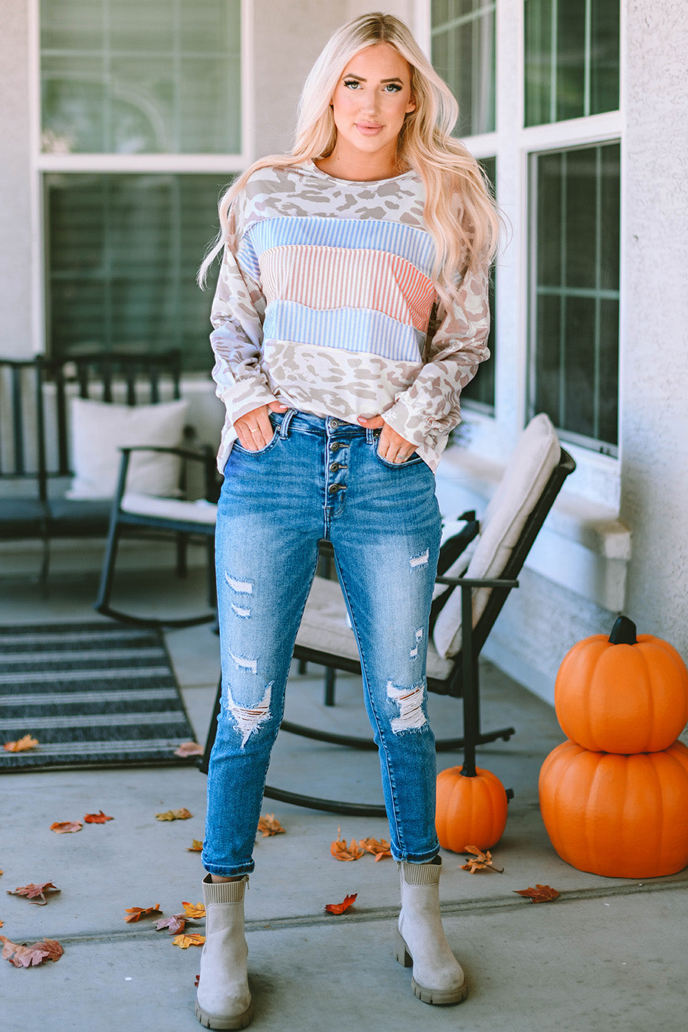 Leopard Print Puff Sleeve Knit Top Contrast Stripe Patchwork Women S-XL