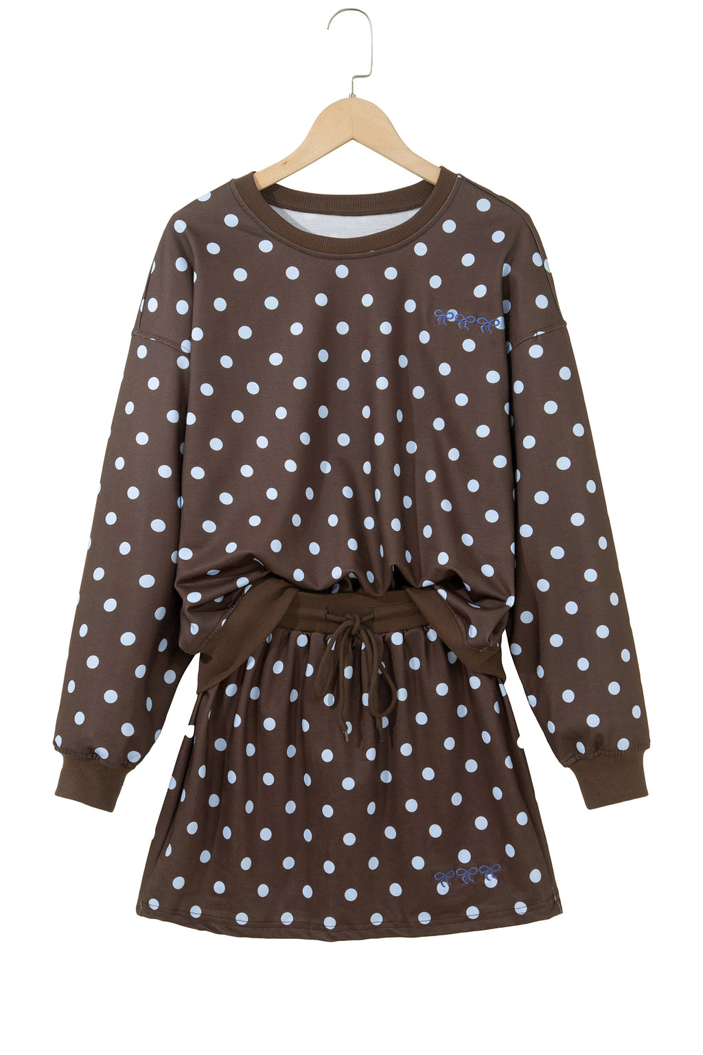 Brown Polka Dot Long Sleeve Pullover Bow Detail Skort Set | UK 8–22