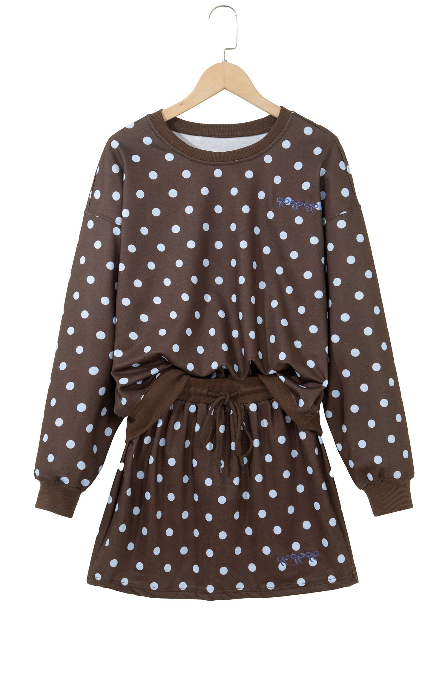 Brown Polka Dot Long Sleeve Pullover Bow Detail Skort Set | UK 8–22