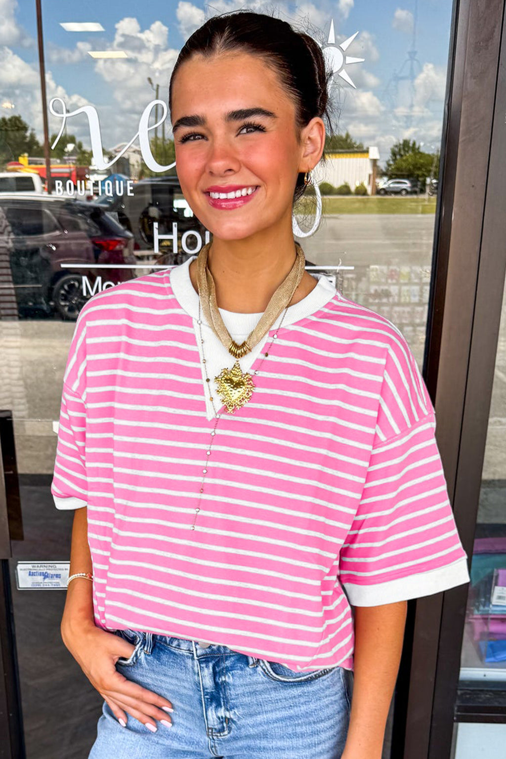 Pink Stripe Drop Shoulder Loose Round Neck Top