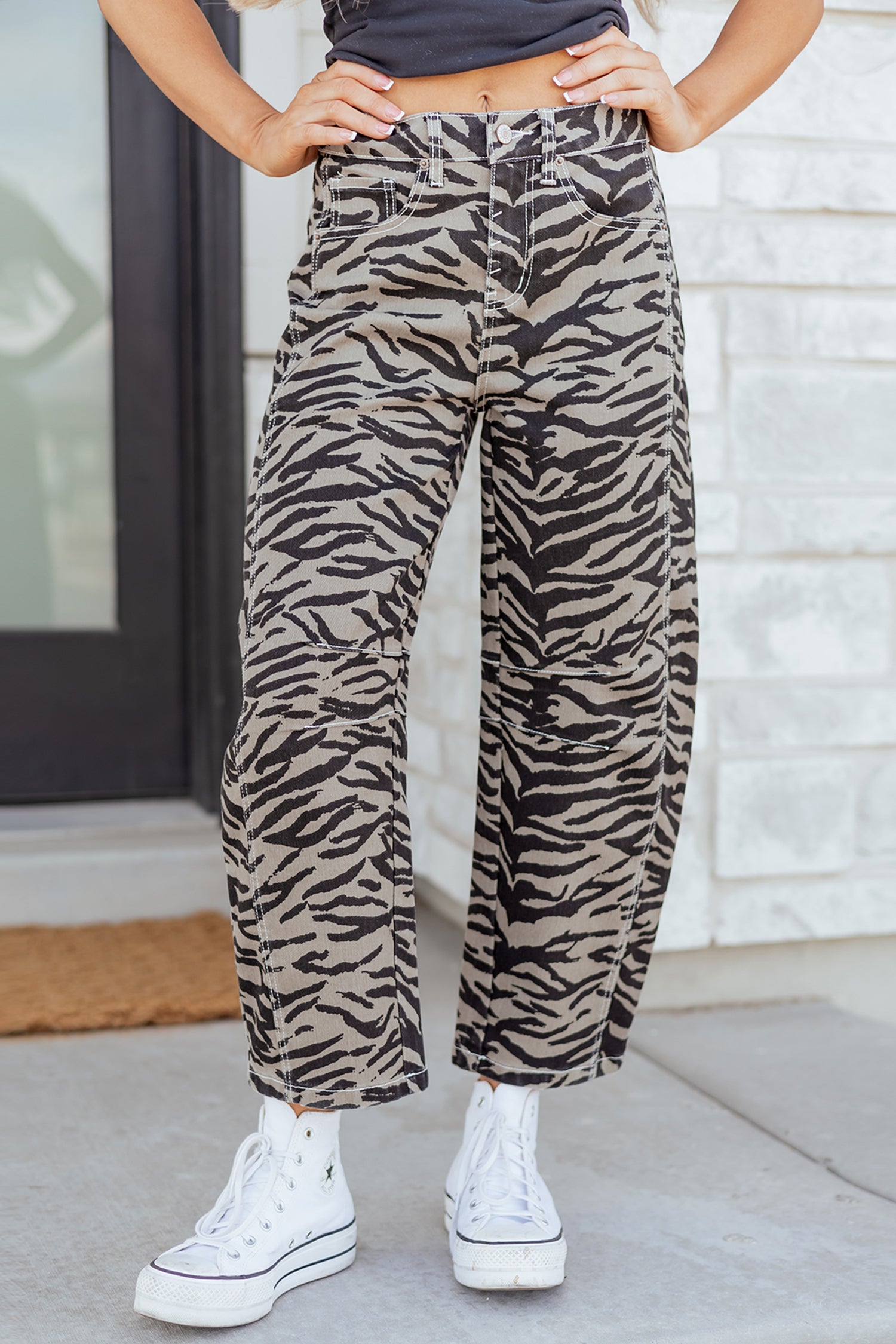 Women's Grey Zebra Print Barrel Leg Jeans Mid-Rise Wide Leg UK 4-16 at LivelyLooks