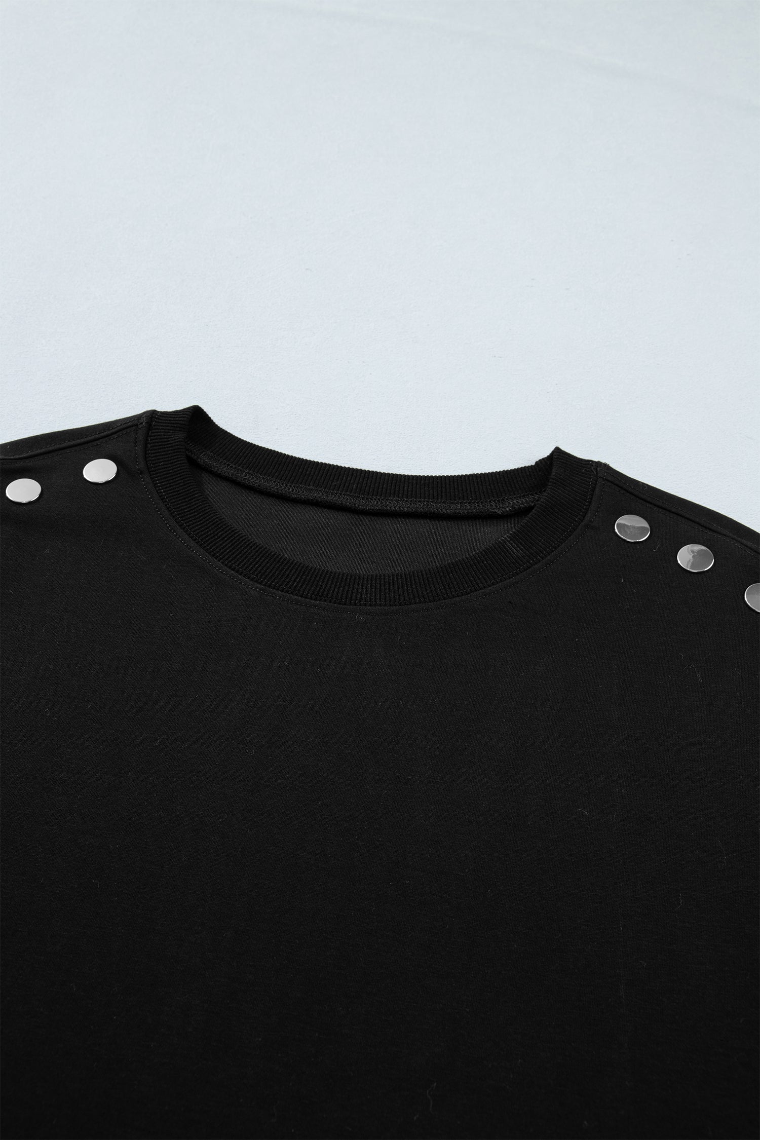 Women's Black Casual Solid Short Sleeve Top with Metal Button Details at LivelyLooks