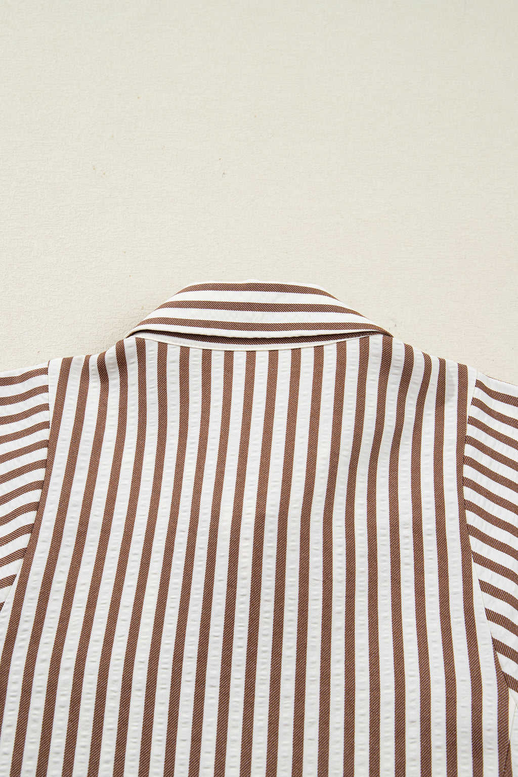 Brown Stripe Knot Waist Puff Sleeve Button Down Mini Shirt Dress S-XL