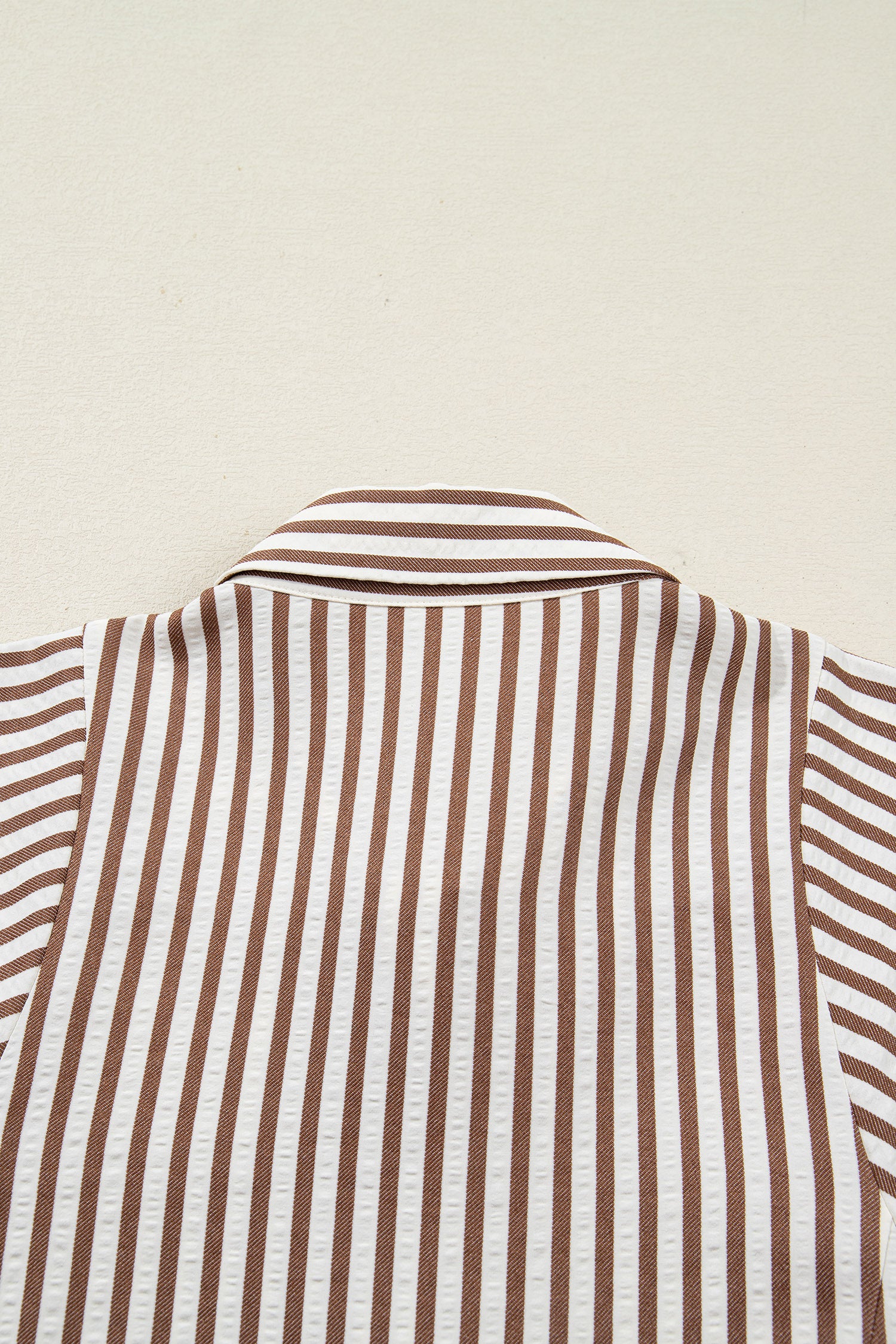 Brown Stripe Knot Waist Puff Sleeve Button Down Mini Shirt Dress S-XL