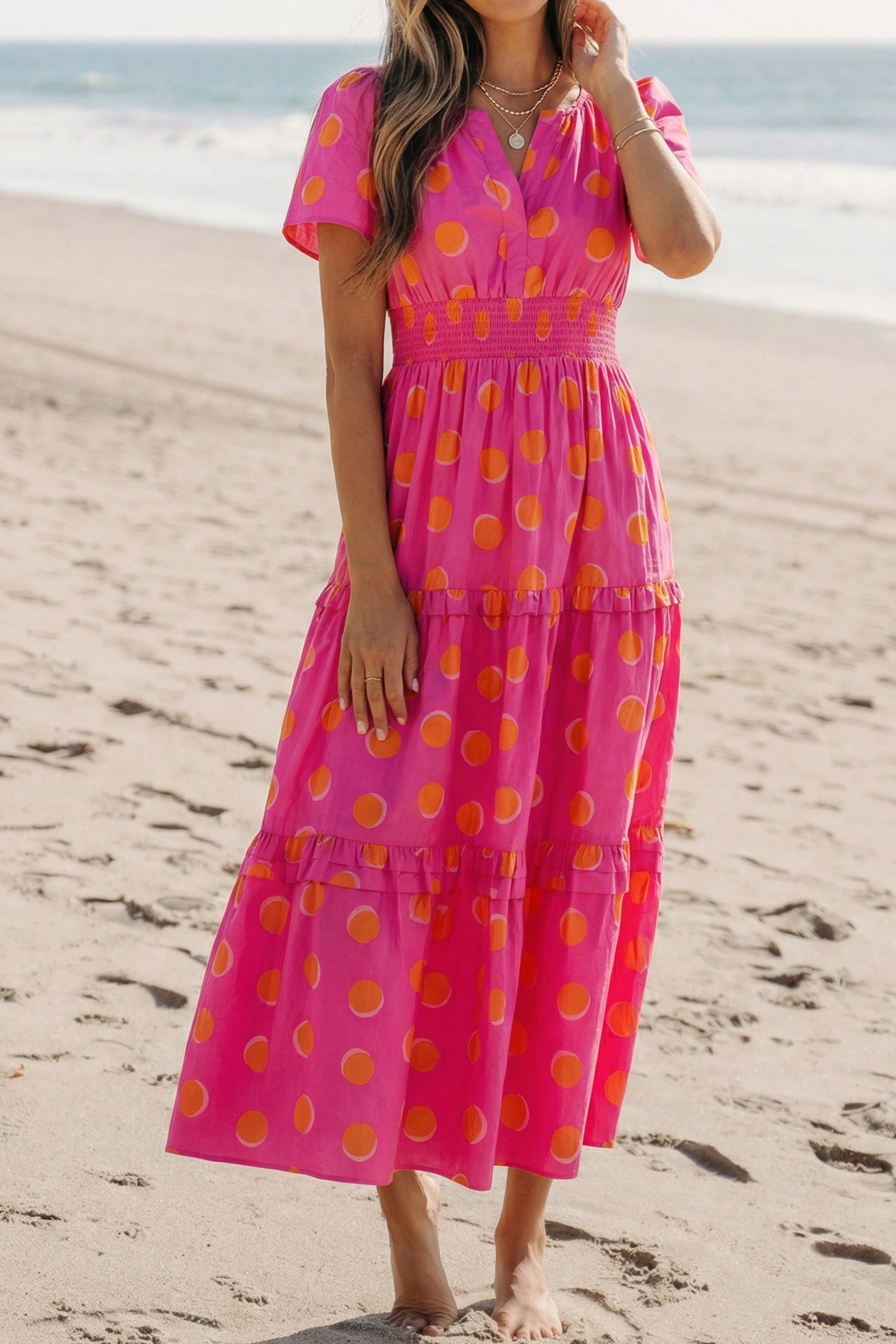Rose Polka Dot Shirred High Waist Midi Dress | Short Sleeve Shadow Print