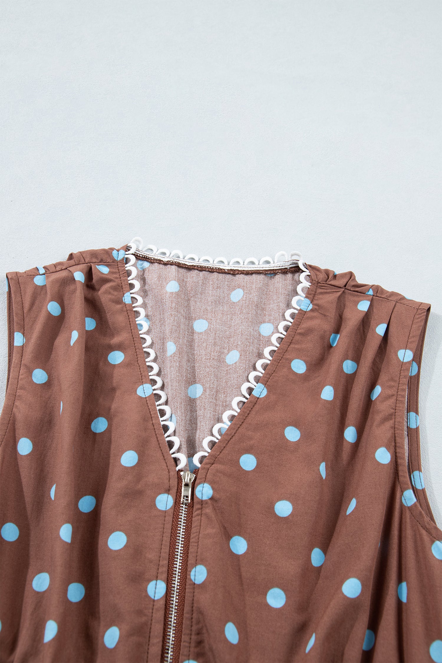 Brown & Black Polka Dot Contrast Trim V Neck Zip Up Sleeveless Dress S-XL