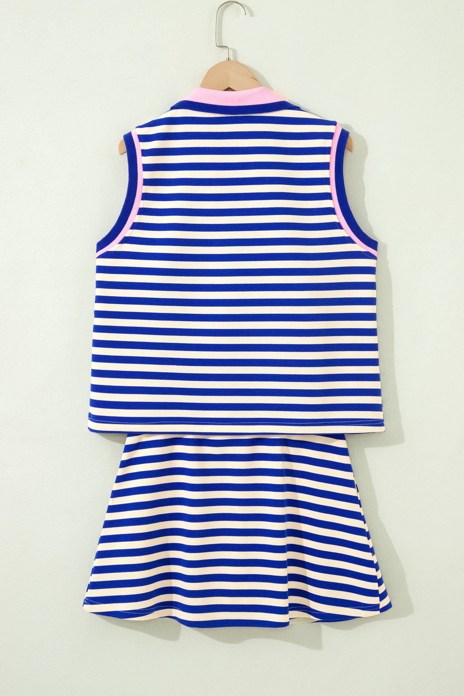 LivelyLooks Dark Blue Textured Stripe Contrast Trim Zip Collar Sleeveless 2-Piece Skort Set women's fashion