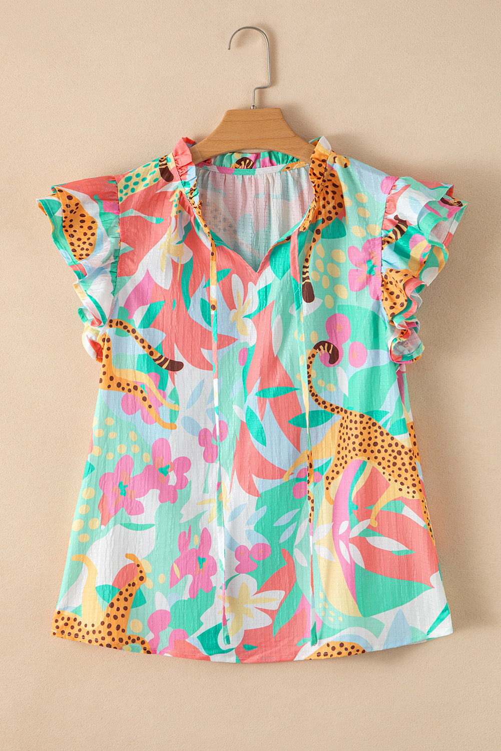 Green Floral Blouse Frilly Ruffle Tie Split Neck Flutter Sleeve Women S-2XL
