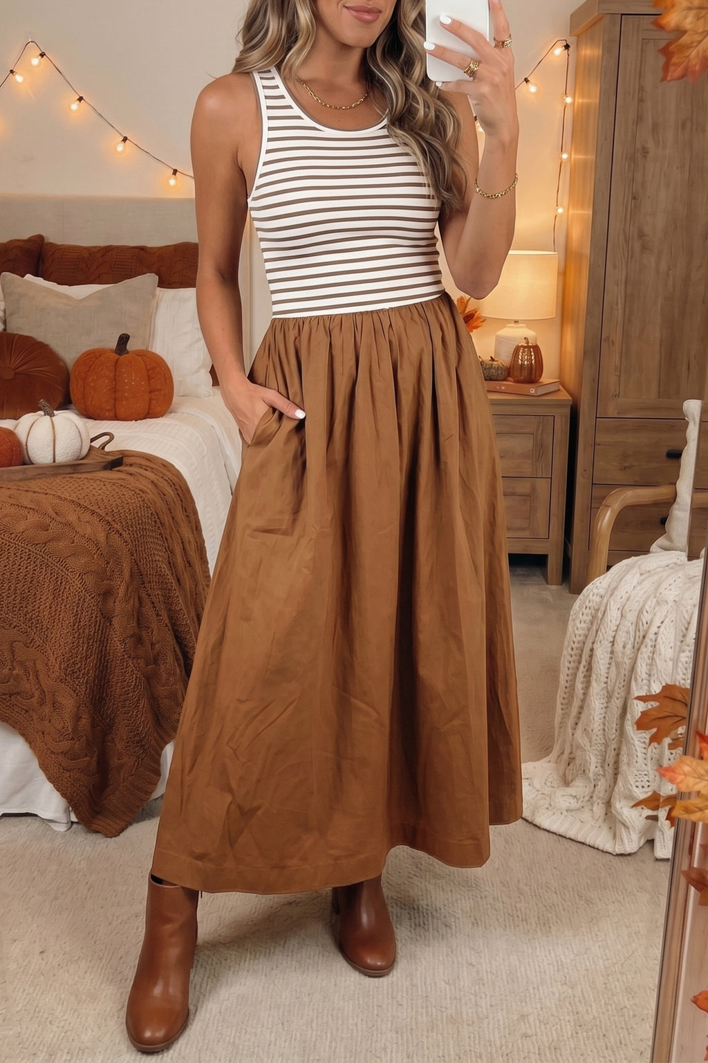 Chestnut Striped Colourblock Patchwork Sleeveless Casual Long Dress | UK 8–16