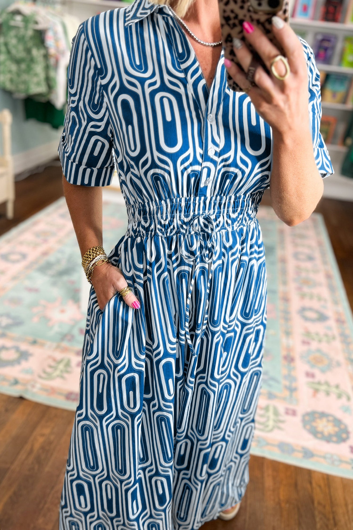 Blue Geometric Print Short Sleeve Drawstring Shirt Collar Maxi Dress | UK 8–22