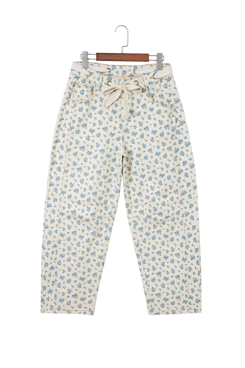 Beige Grommet Knot Waist Floral Barrel Leg Jeans | UK 8–18