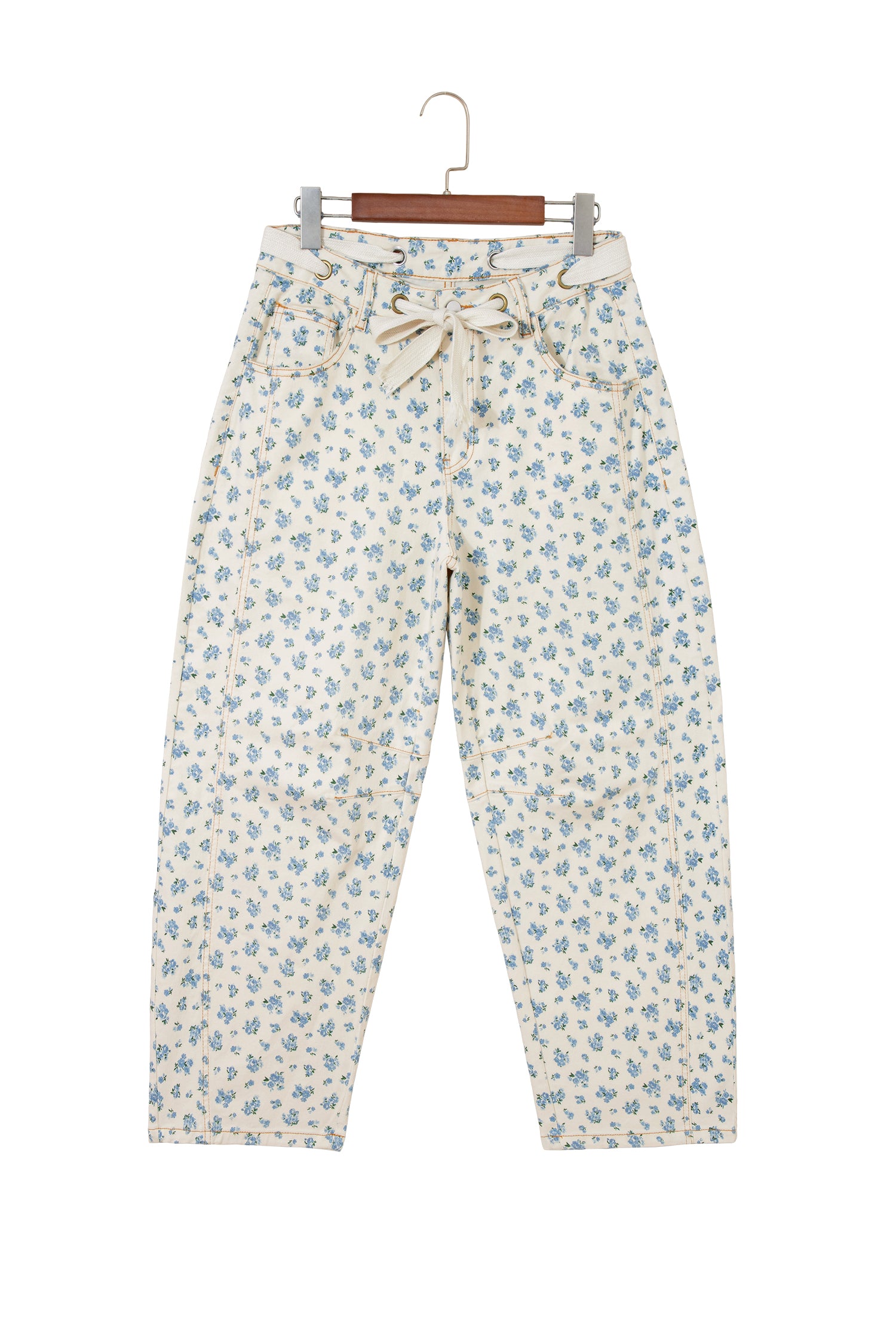 Beige Grommet Knot Waist Floral Barrel Leg Jeans | UK 8–18