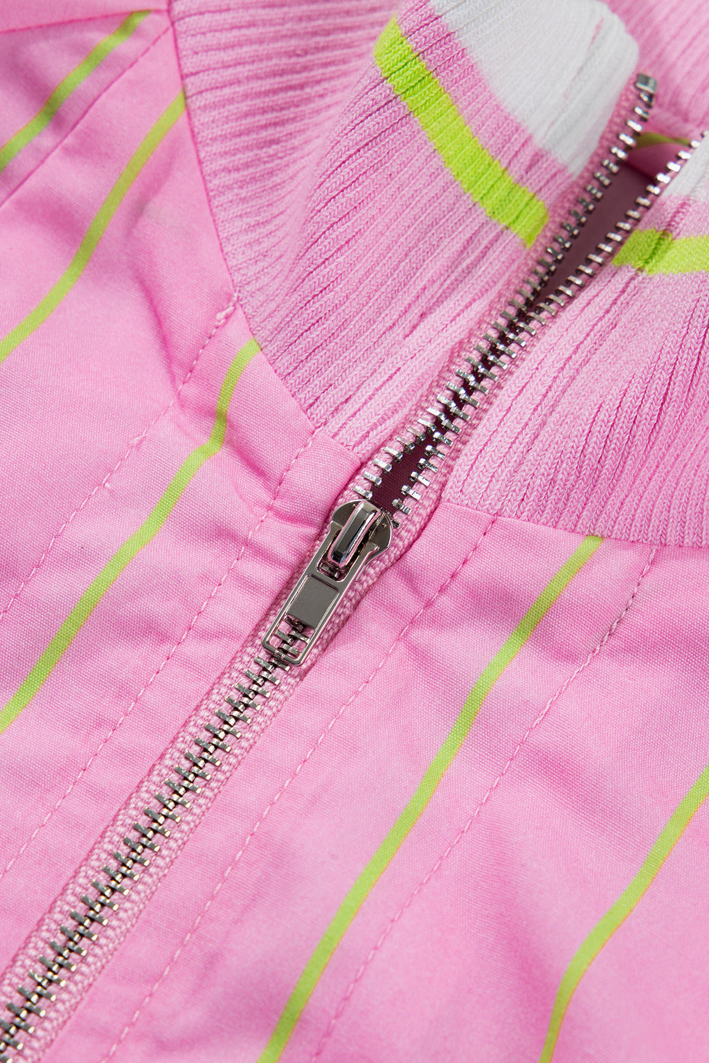 Pink Stripe V-Neck Half Sleeve Zip Ribbed Cuff Casual Blouse