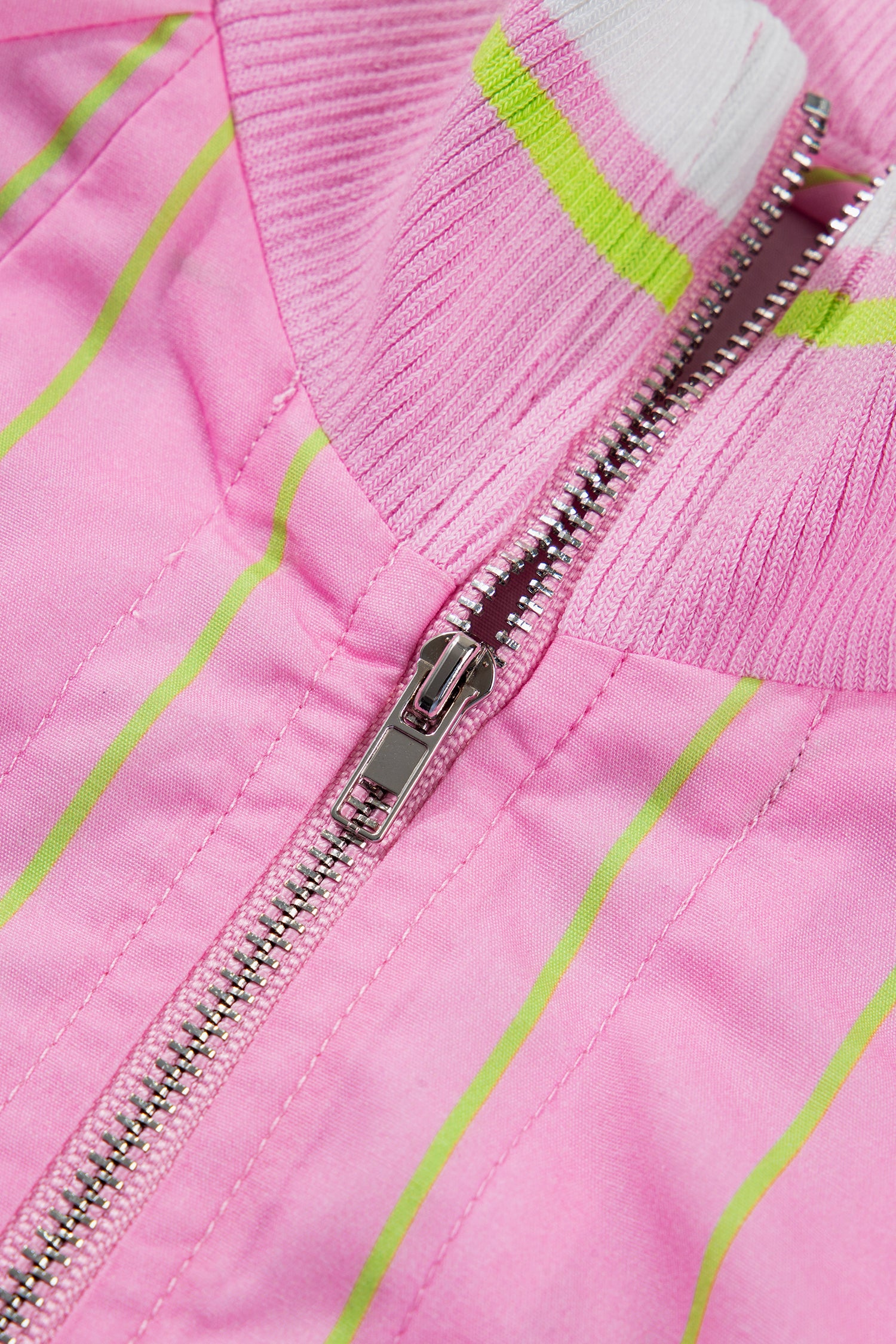 Pink Stripe V-Neck Half Sleeve Zip Ribbed Cuff Casual Blouse