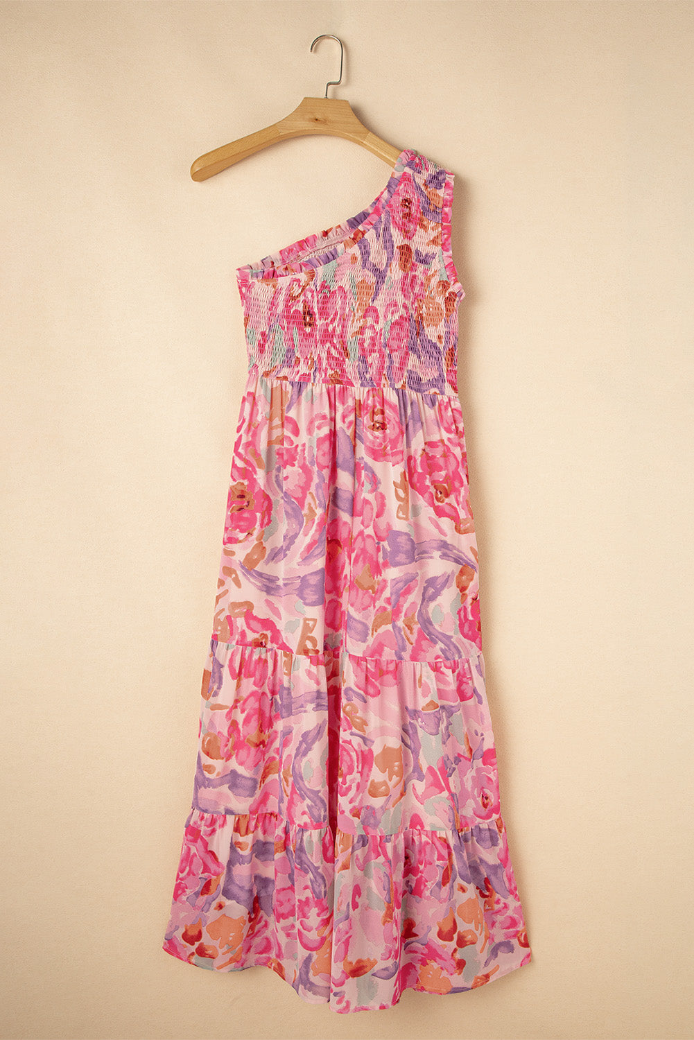 LivelyLooks Pink Abstract Floral Shirred One-Shoulder Maxi Dress women's fashion