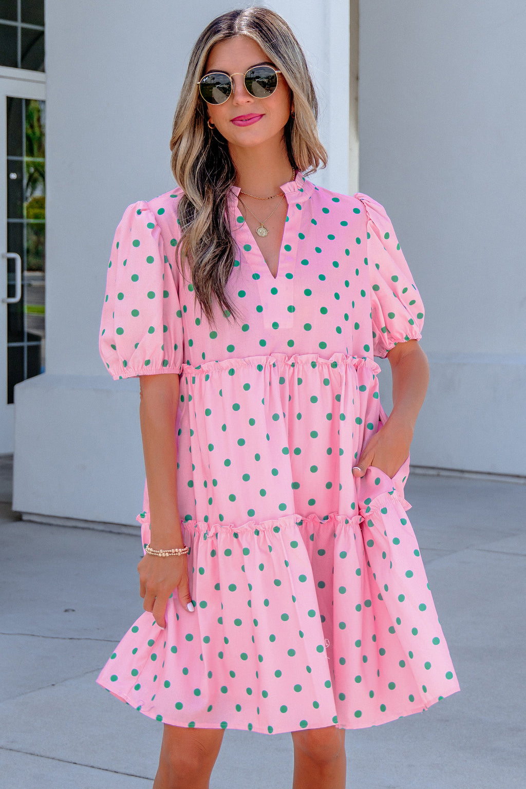 Pink Polka Dot Print V Neck Short Sleeve Tiered Mini Dress | UK 8–22