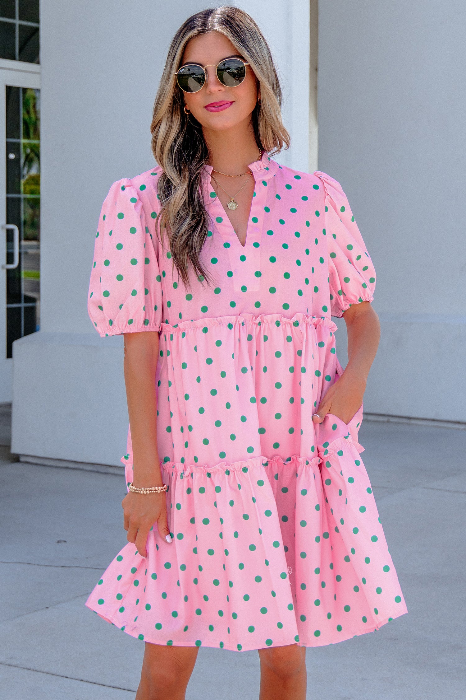 Pink Polka Dot Print V Neck Short Sleeve Tiered Mini Dress | UK 8–22
