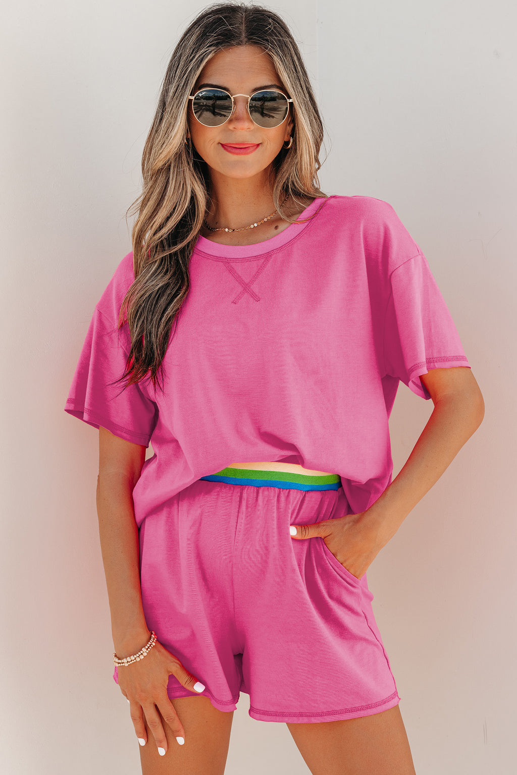 Bright Pink Seam Detail Raw Edge Tee & Rainbow Waistband Shorts Co-ord Set