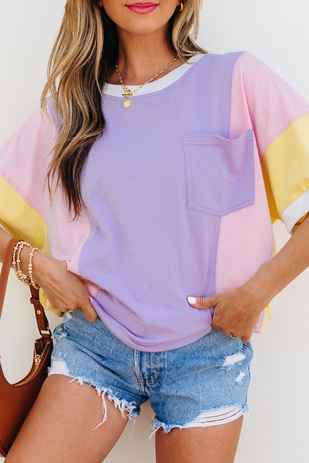 Women's Colour Block Patchwork Oversized T-Shirt Half Sleeve | Purple at LivelyLooks