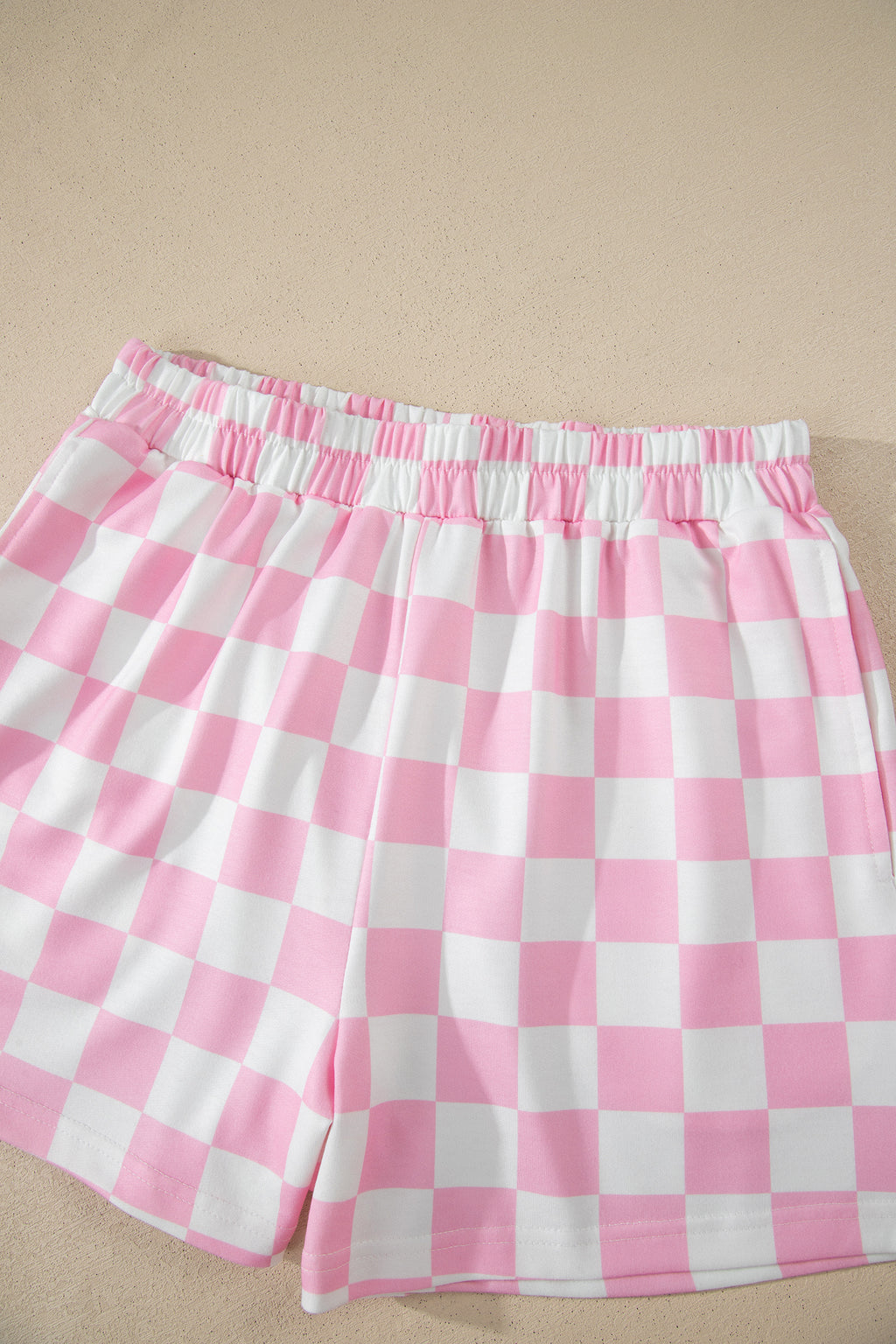 LivelyLooks Pink Checkered Print Colour Block Trim Mock Neck Short Set Two Piece Co-ord PJ women's fashion