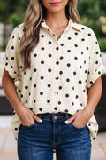Beige Polka Dot Dolman Shirt Loose Fit Short Sleeve Rolled Cuff Women S-XL