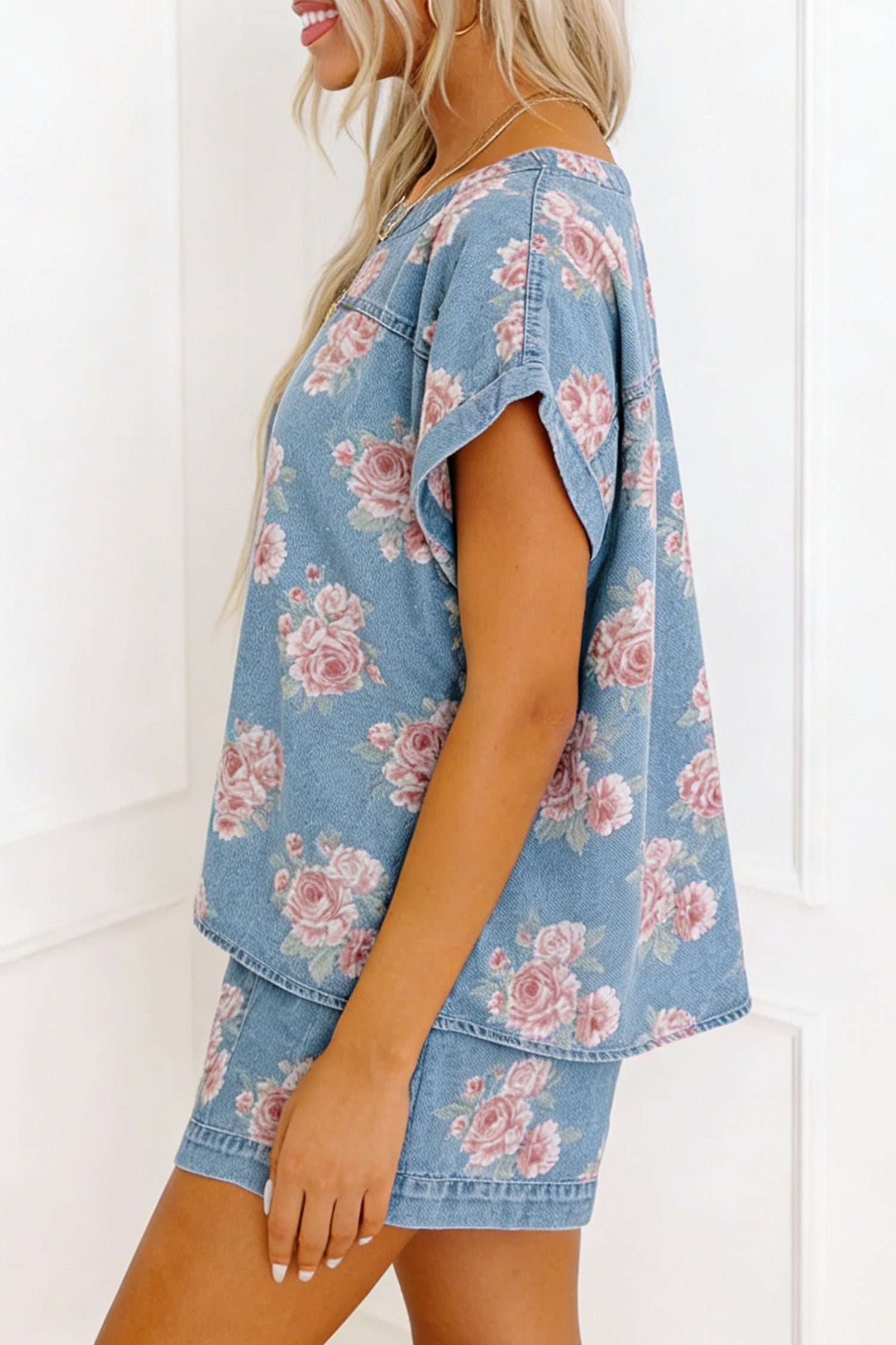 Sky Blue Floral Denim Short Sleeve Top & Loose Shorts 2pcs Set