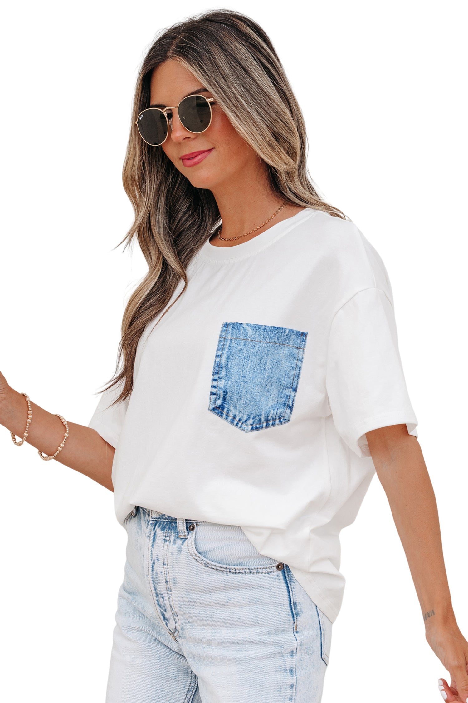 LivelyLooks Sail Blue Colour Block Chest Pocket Casual Short Sleeve Top women's fashion