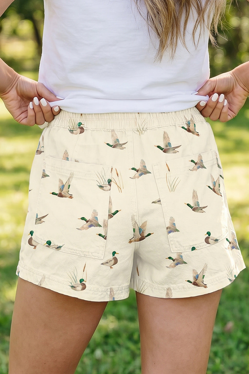 Beige Mallard Print Drawstring Denim Shorts UK 4-16