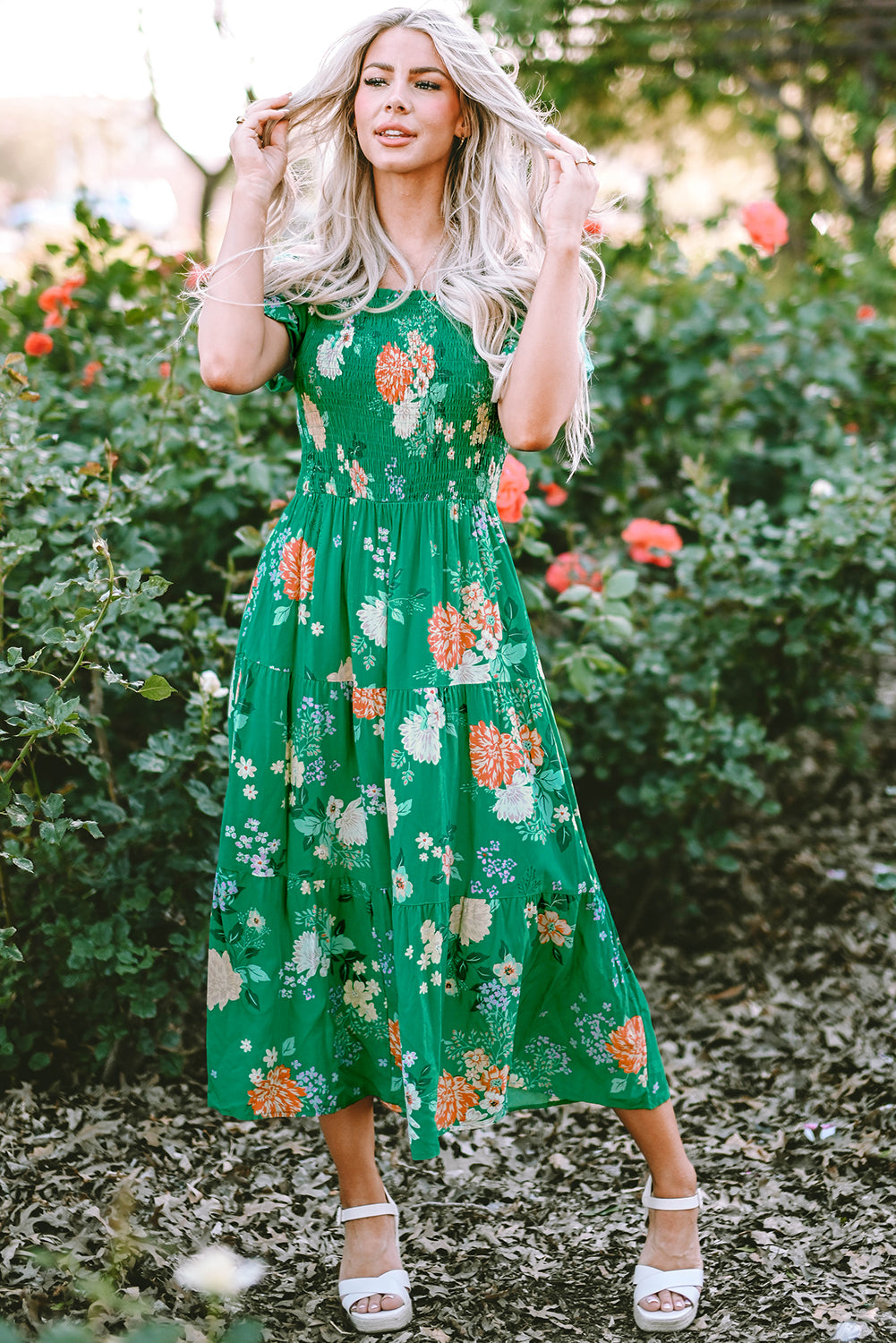 LivelyLooks Green Floral Bubble Sleeve Smocked Tiered Midi Dress women's fashion