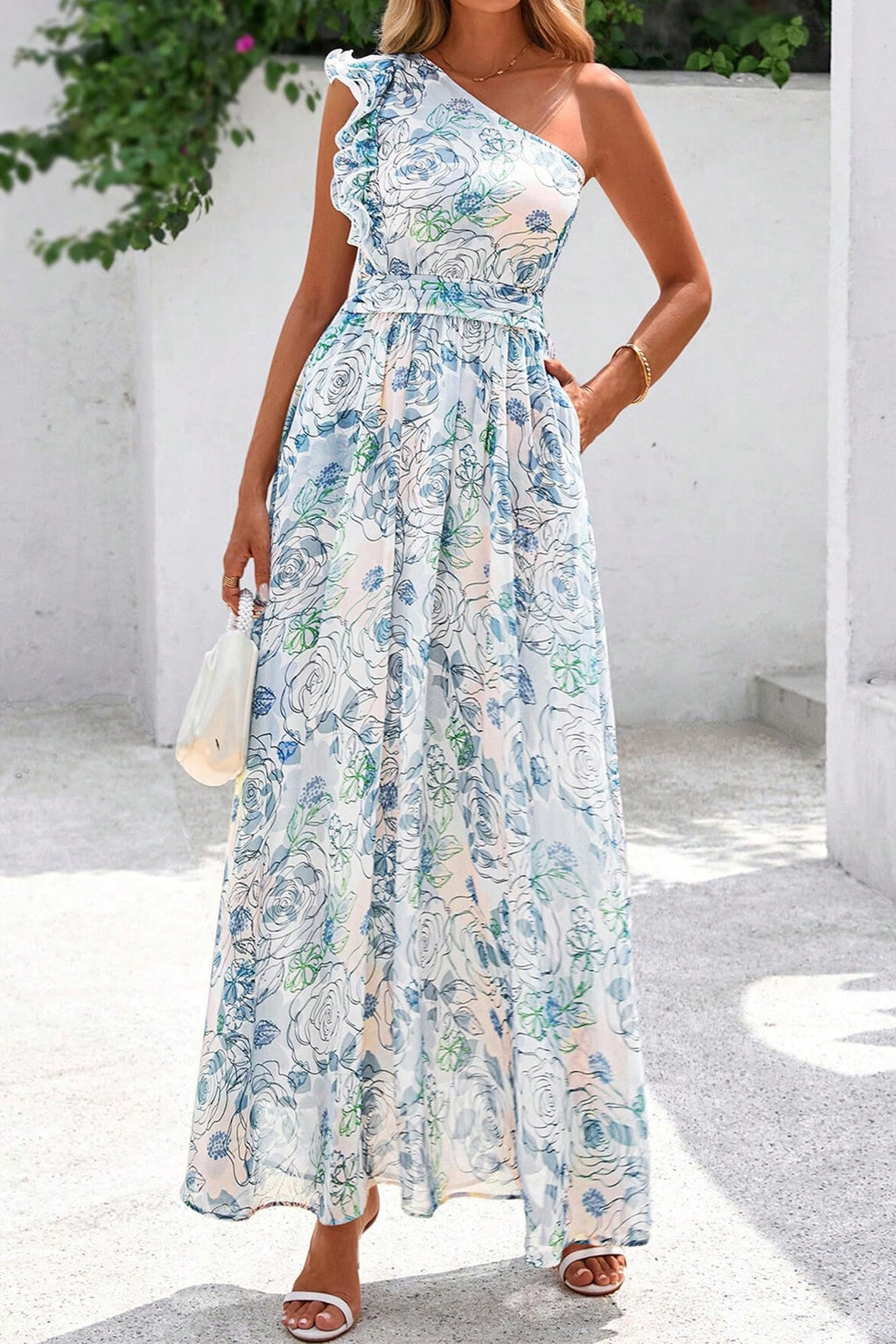 Sky Blue Floral One Shoulder Maxi Dress | Ruffle Sleeveless with Pockets