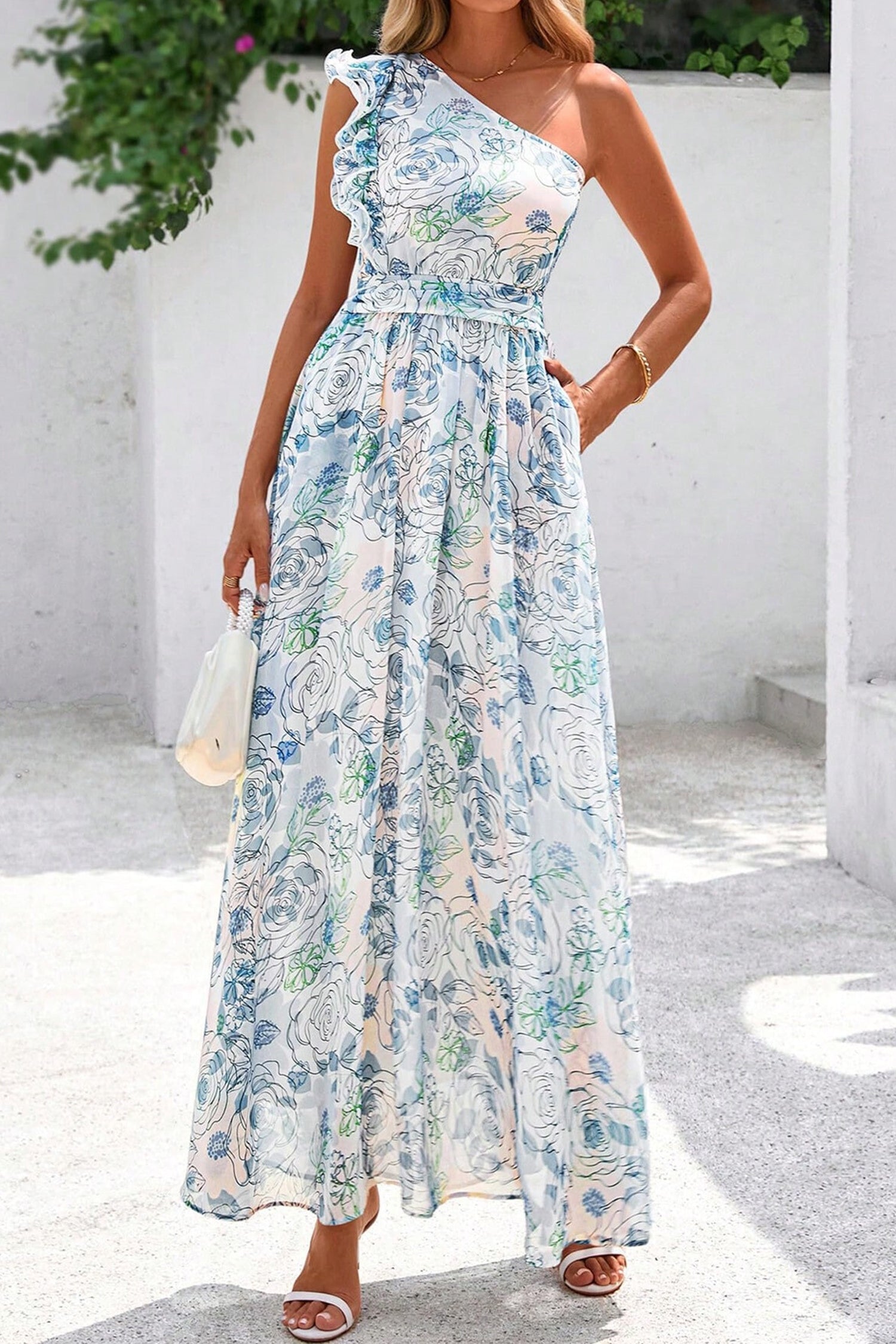 Sky Blue Floral One Shoulder Maxi Dress | Ruffle Sleeveless with Pockets