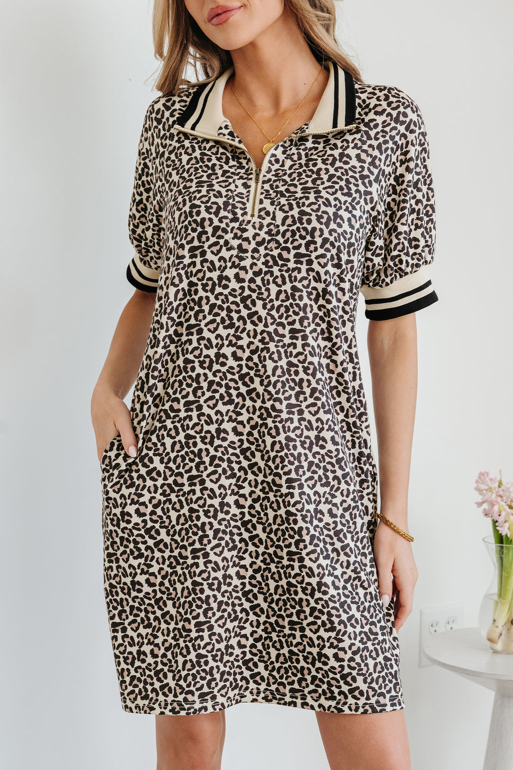 Women's Khaki Leopard Print Zip Neck Patchwork Mini Dress at LivelyLooks