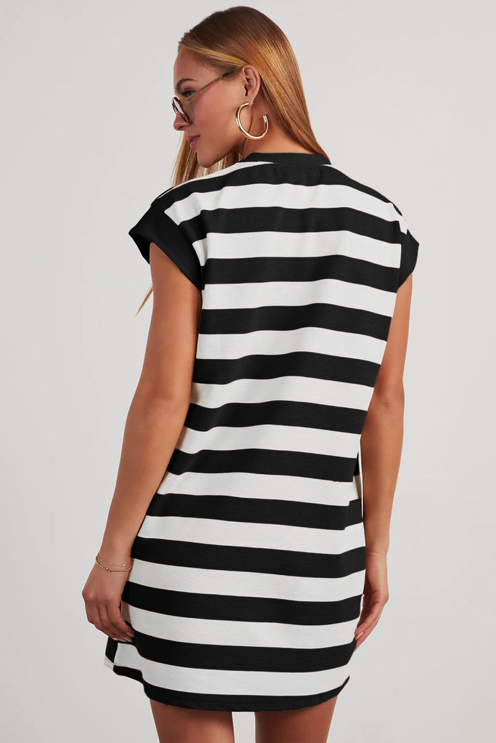 Black Stripe Cap Sleeve Shift T-Shirt Dress | Crew Neck