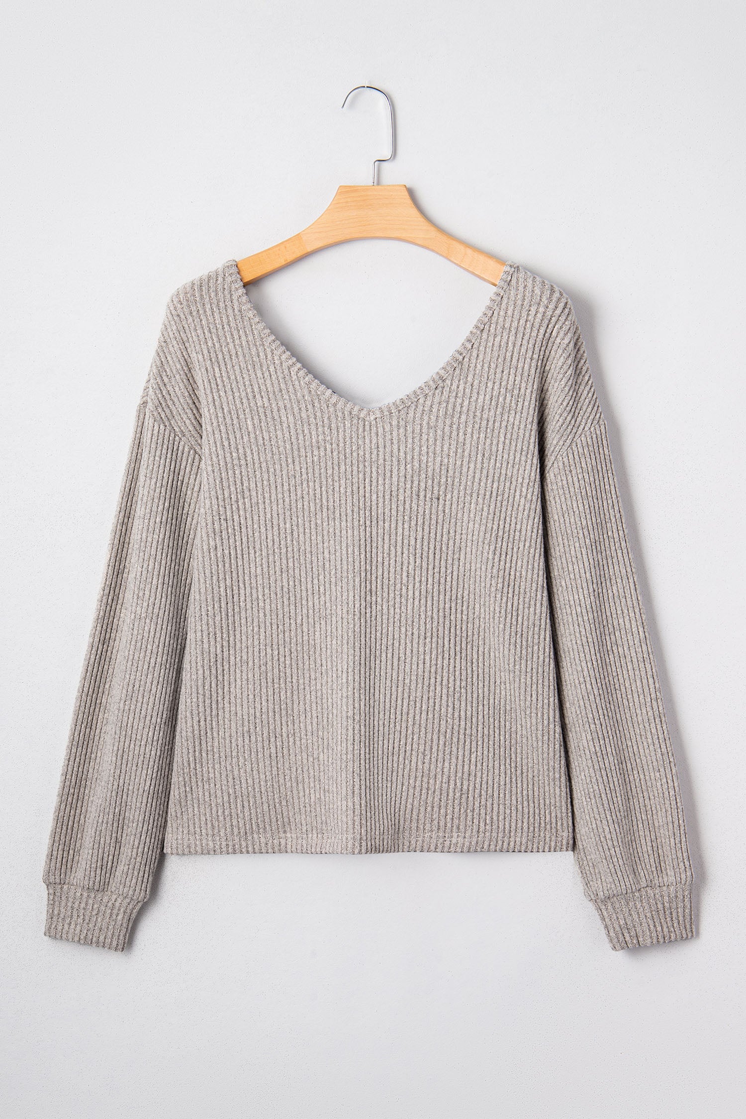 Ribbed V Neck Bow Back Drop Shoulder Long Sleeve Top | Red & Taupe