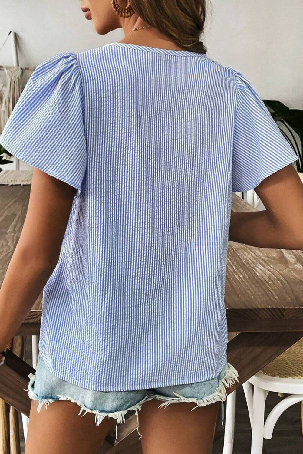 Sky Blue Stripe Ruffle Square Neck Boho Blouse