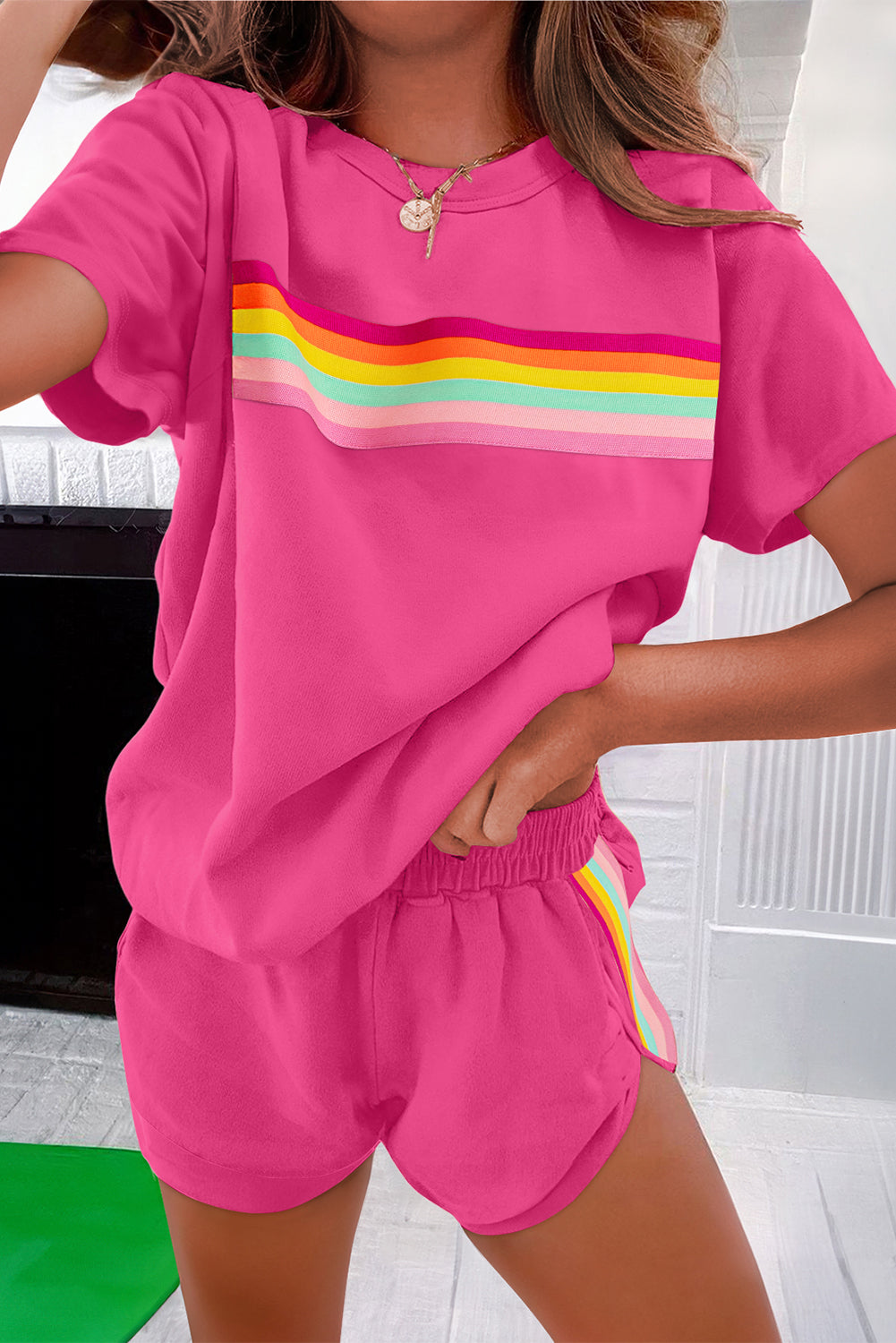 Vibrant Striped Athleisure Short Set | Rose Red & Beige