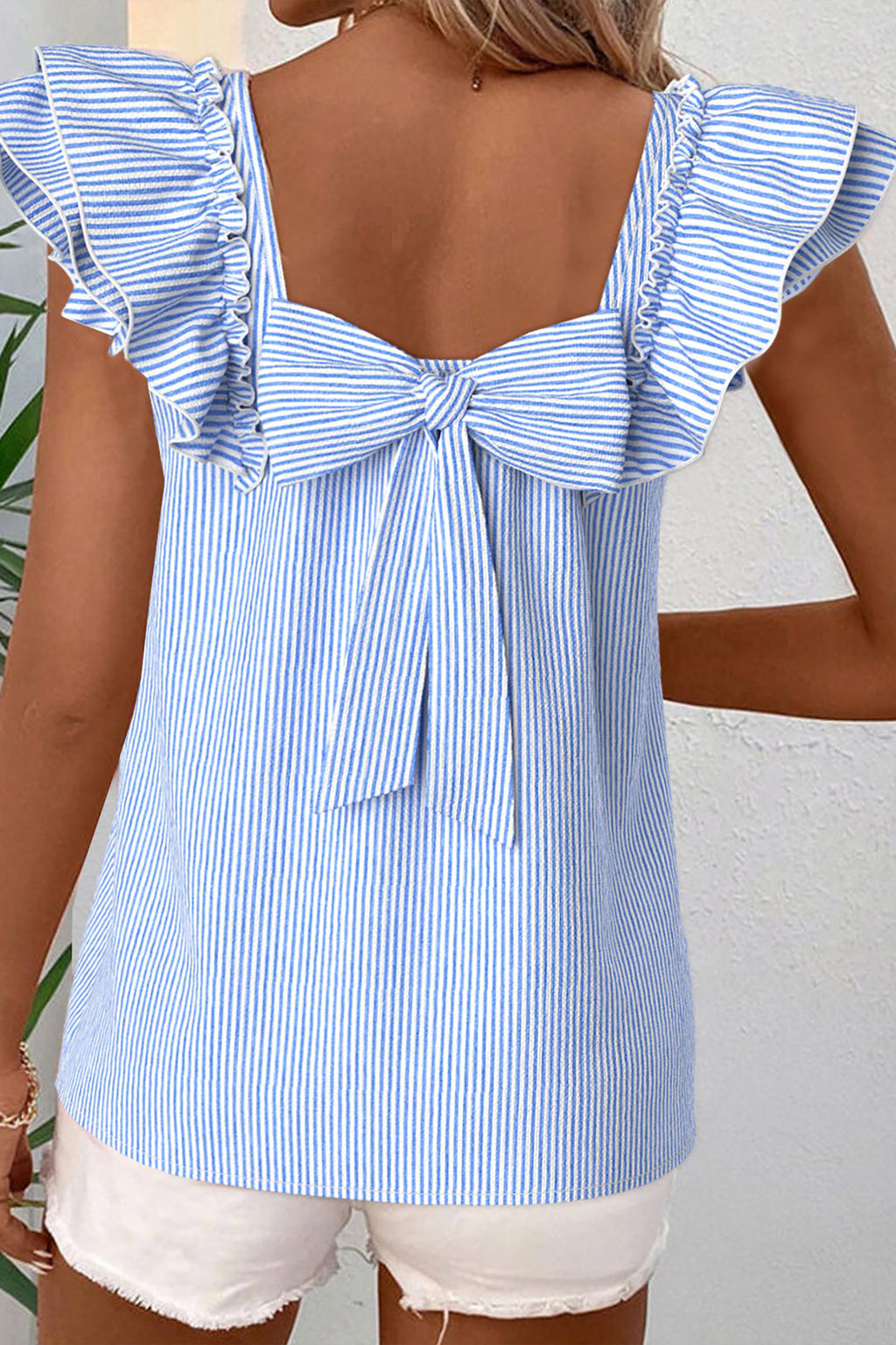 Women's Sky Blue Stripe Square Neck Bow Decor Frilly Ruffled Short Sleeve Blouse at LivelyLooks