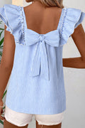 Women's Sky Blue Stripe Square Neck Bow Decor Frilly Ruffled Short Sleeve Blouse at LivelyLooks