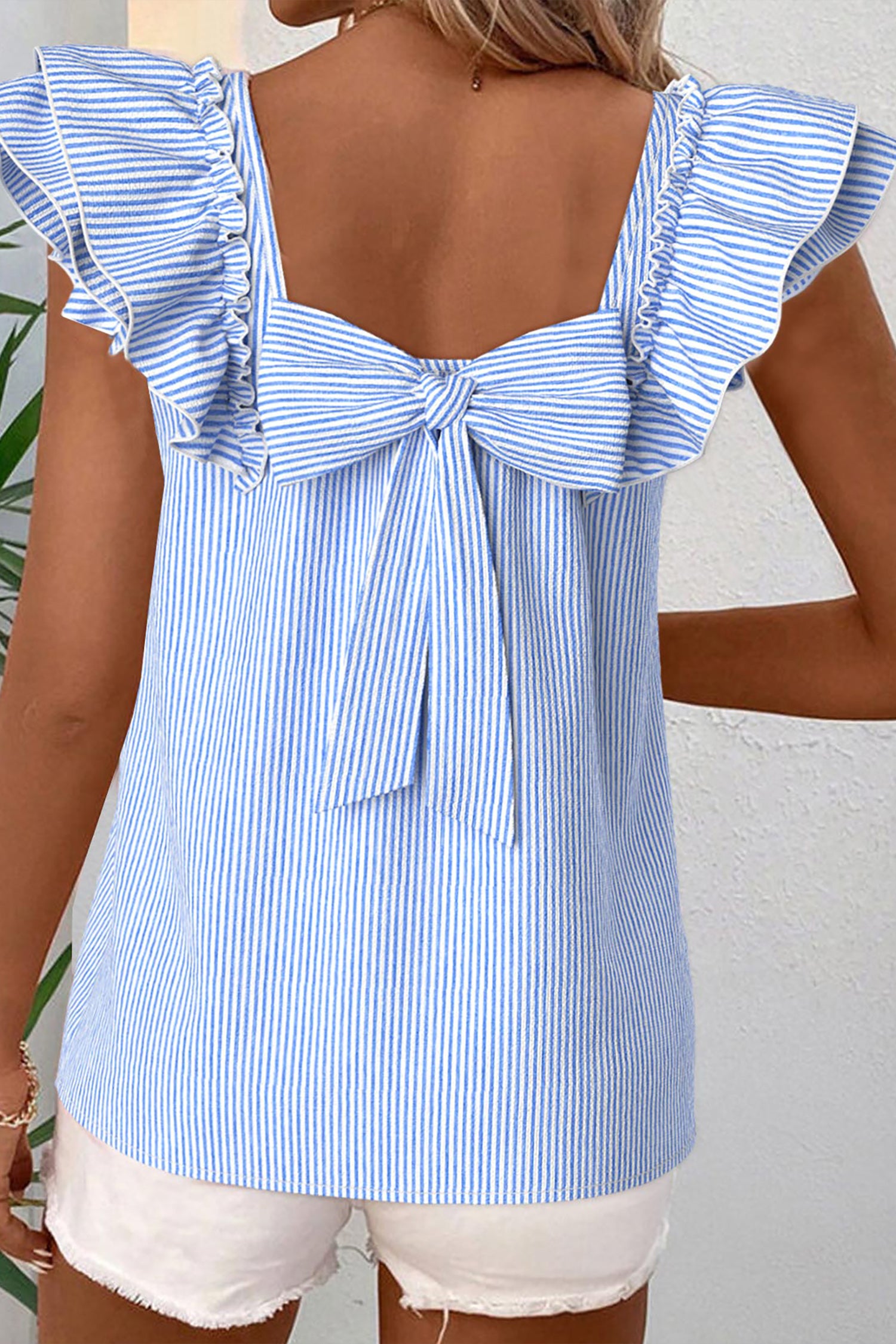 Women's Sky Blue Stripe Square Neck Bow Decor Frilly Ruffled Short Sleeve Blouse at LivelyLooks