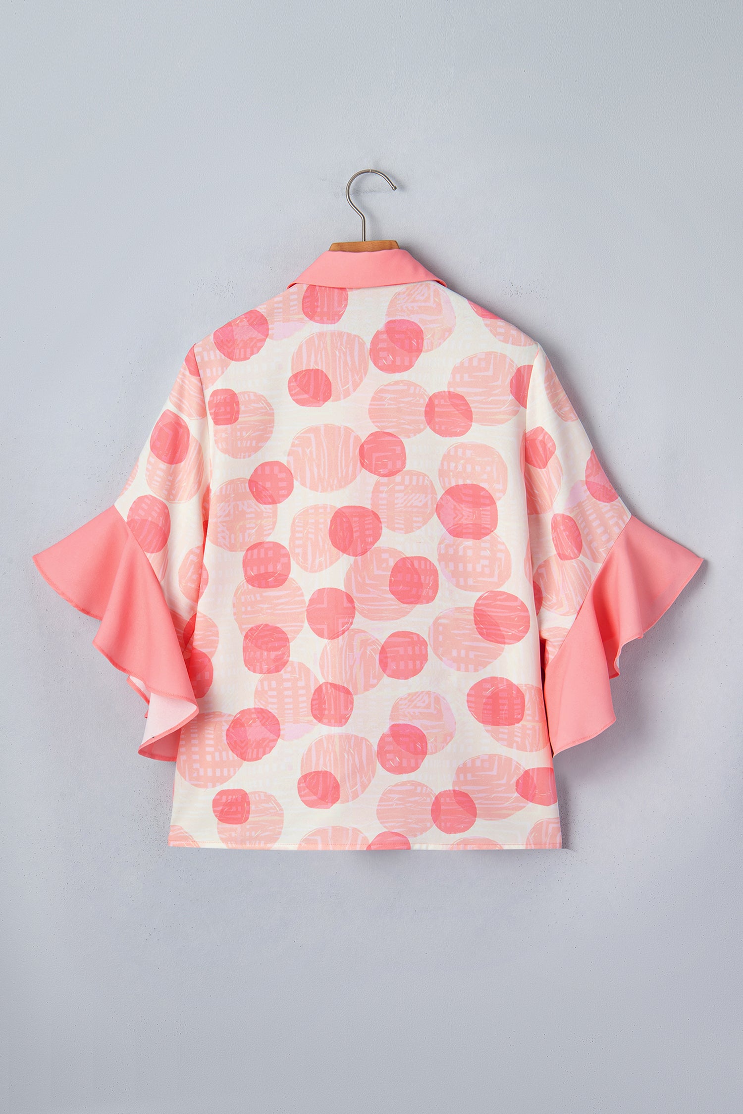 Shop Pink Polka Dot Babydoll Shirt Ruffle Trim Short Sleeve S-XL at LivelyLooks