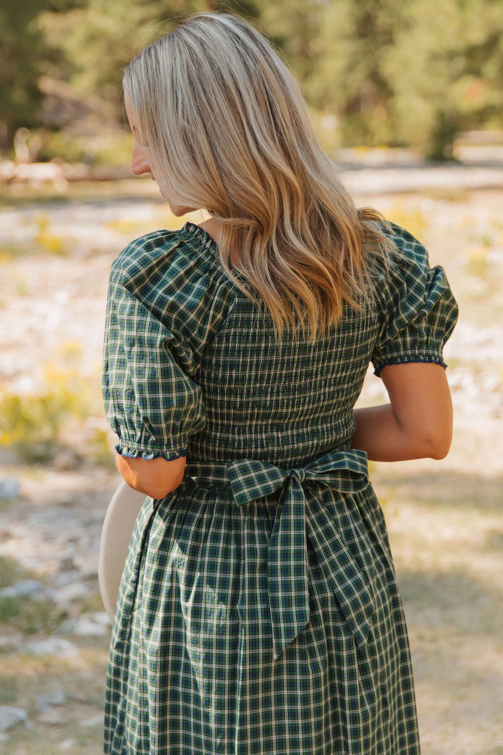 Green Plaid Square Neck Shirred Ruffle Hem Mini Dress S-XL