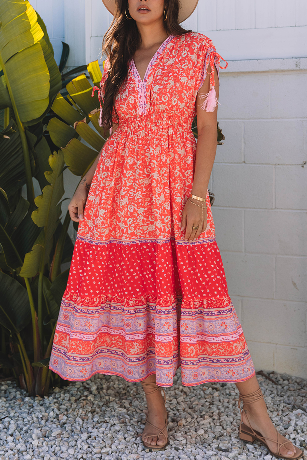 Shop Floral Print Tassel Tied Sleeve Empire Waist Boho Maxi Dress | S-XL at LivelyLooks