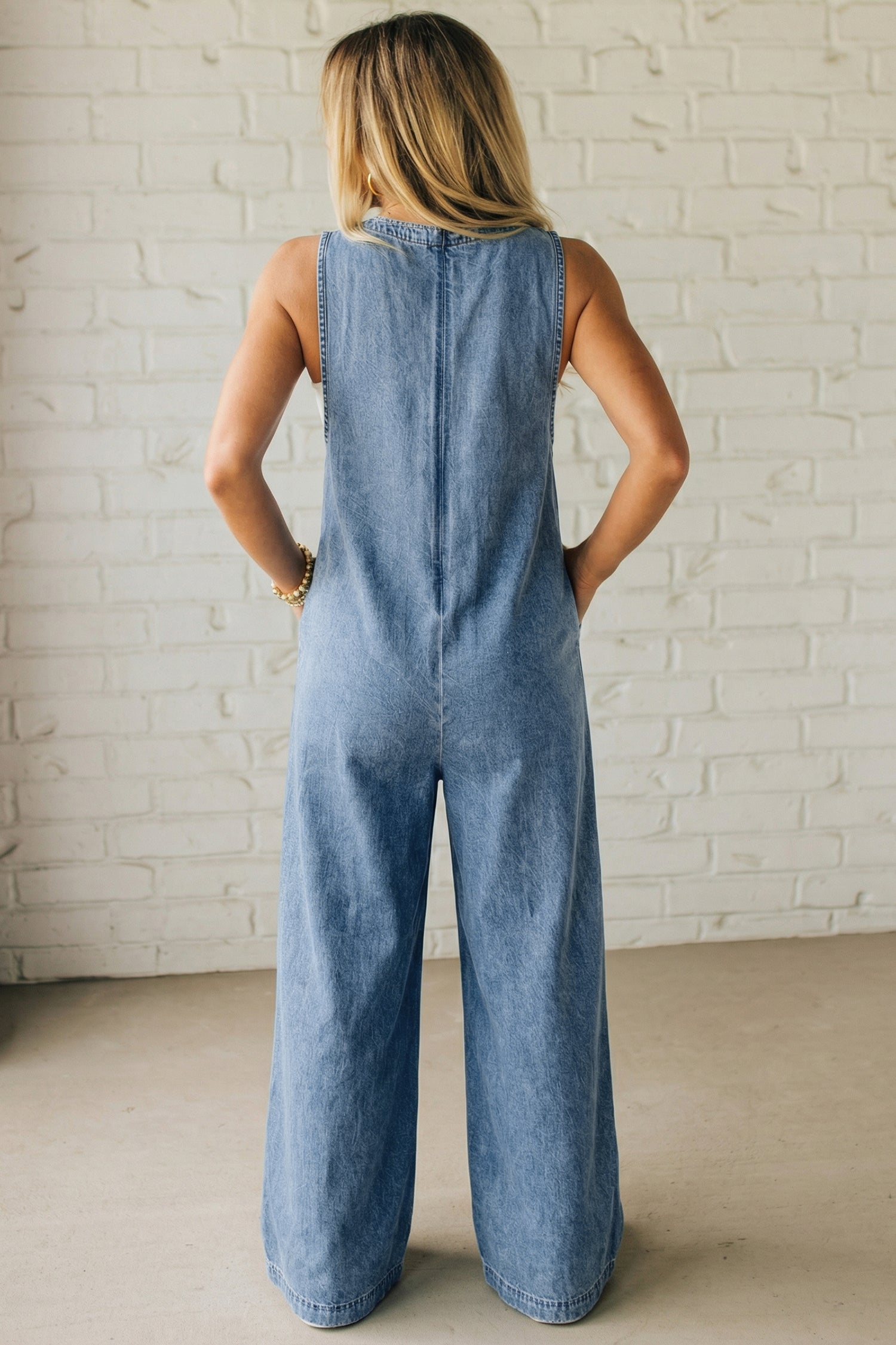 Women's Dusk Blue Acid Wash Pintuck Tie V-Neck Denim Wide-Leg Jumpsuit | S-XL at LivelyLooks