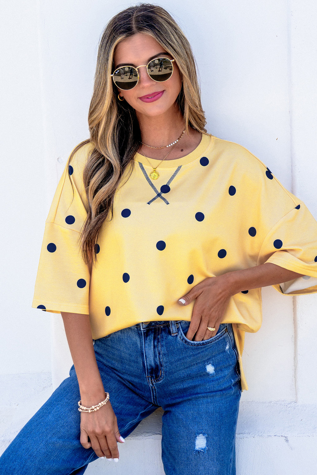 Women's Polka Dot Oversized Tee Crossed Seam Detail Yellow Sky Blue S-XL